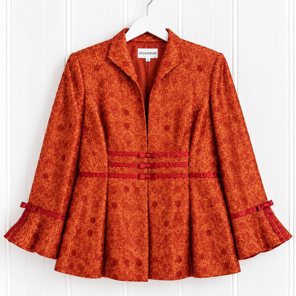 Lily & Taylor Jacket Womens 14 Orange Jacquard Bell Sleeve Ribbon Made USA
